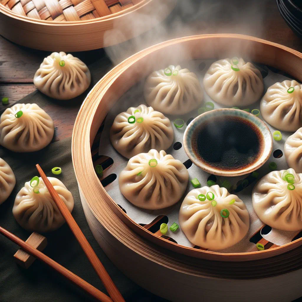 Steamed shaomai dumplings in a bamboo basket with open tops