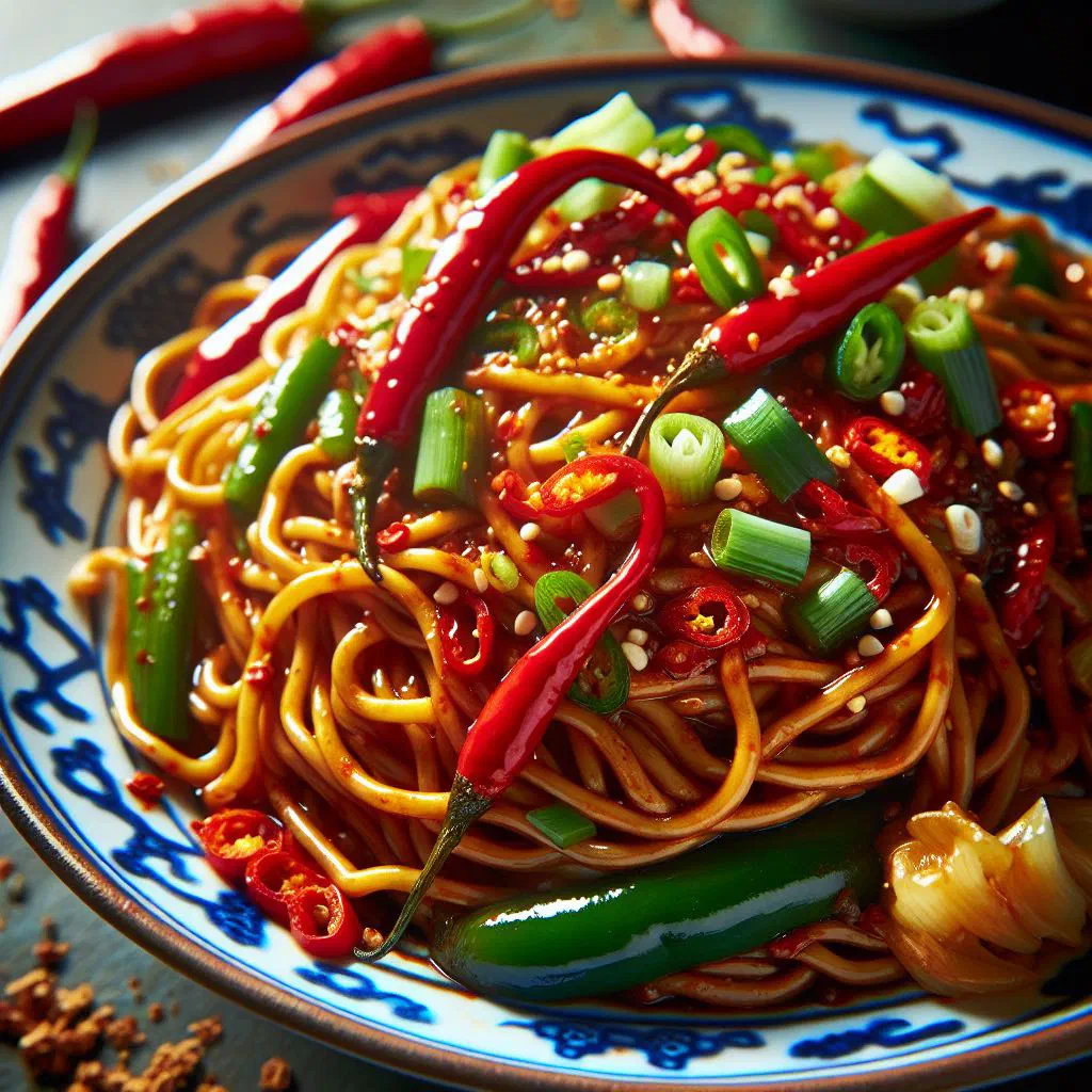 Bowl of Sichuan noodles tossed in chilli oil and garnished with coriander