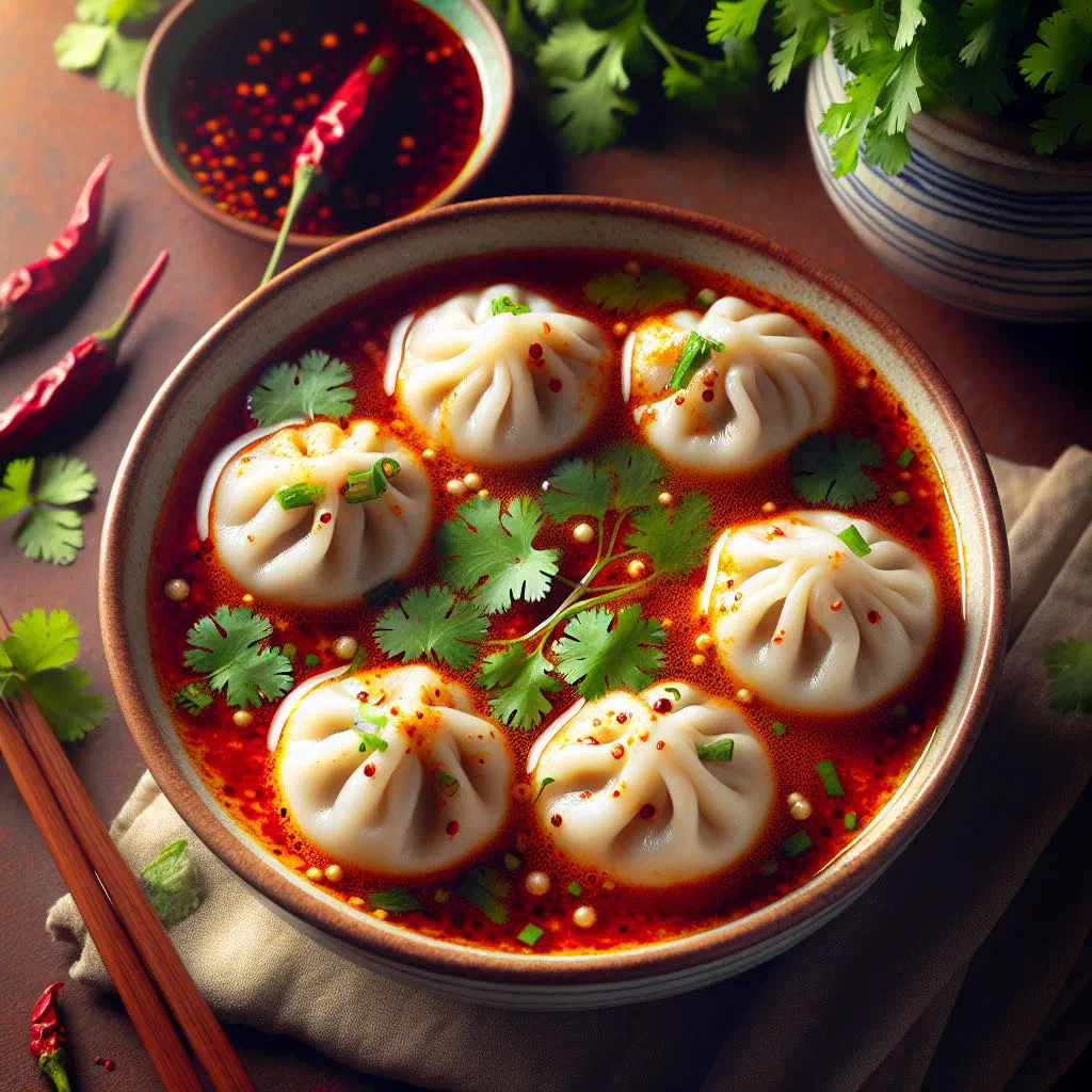Sichuan water-boiled beef in a fiery red broth topped with coriander and spring onion