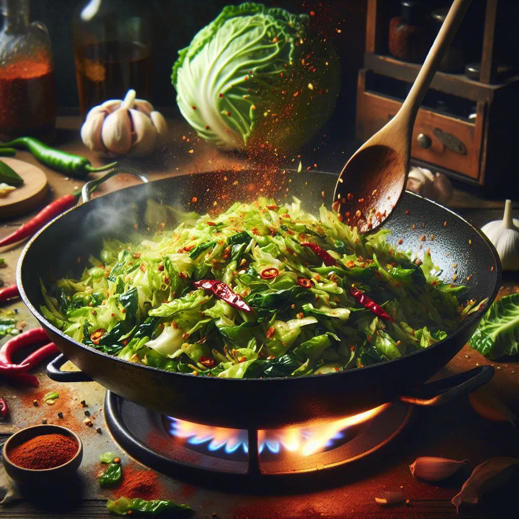 Spicy stir-fried Chinese cabbage with chilli and spring onions in a wok