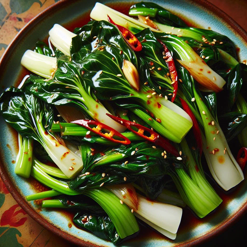 Stir-fried bok choy with garlic, glistening with sesame oil and scattered sesame seeds