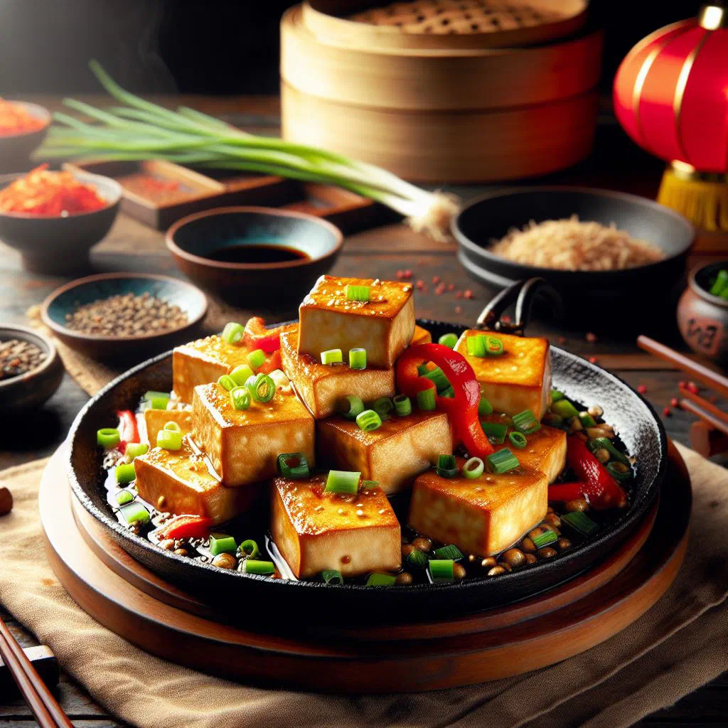 Sizzling tofu stir-fry with peppers, broccoli and spring onions