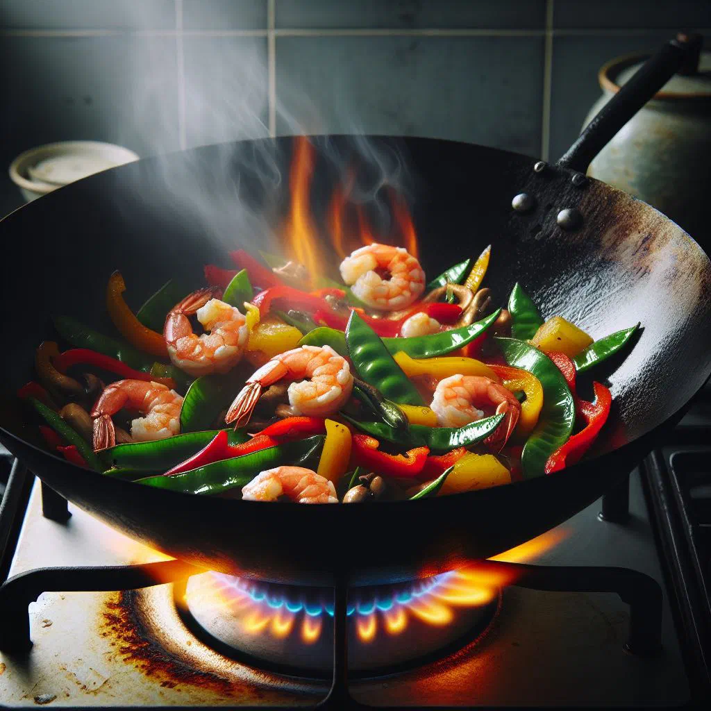 Wok-fried prawns with colourful vegetables and fresh coriander