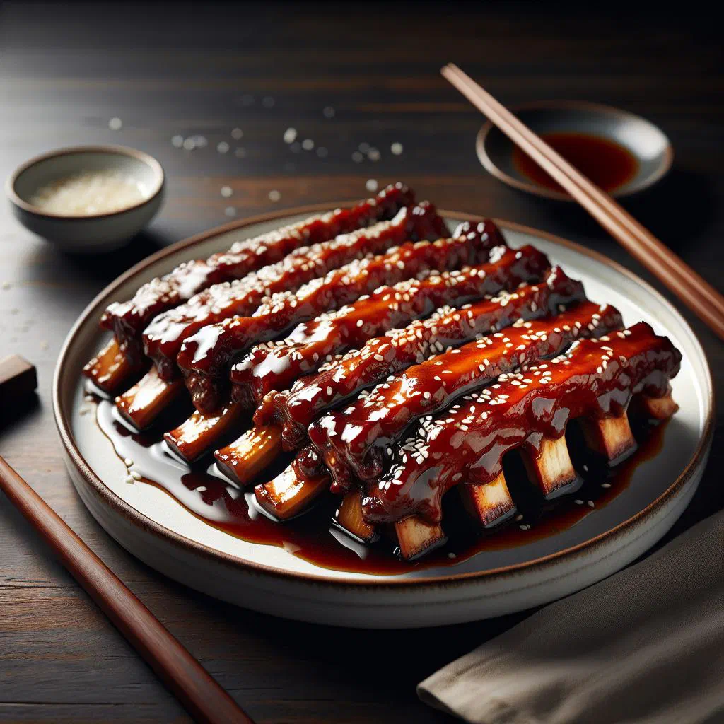 Glossy caramelised Wuxi ribs garnished with spring onions and served with rice