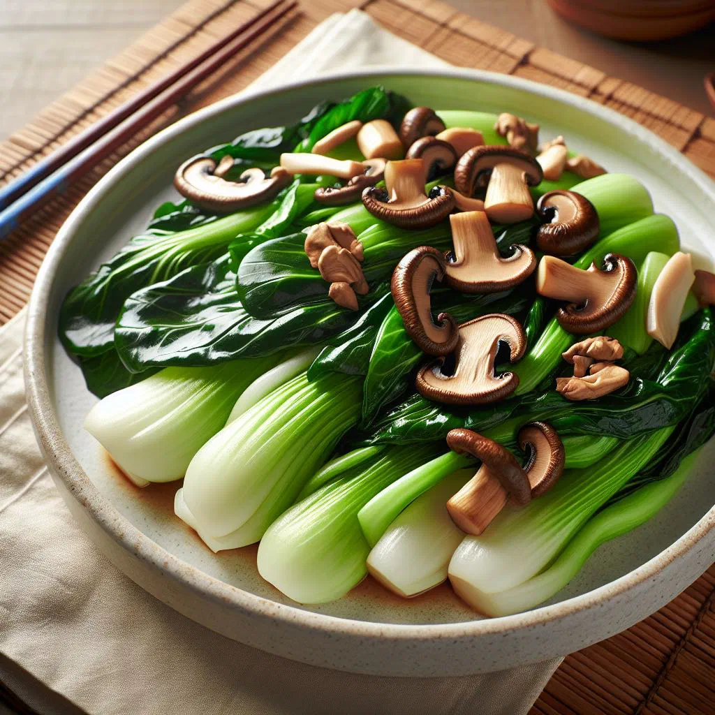 Xiang gu cai xin: stir-fried Chinese greens topped with glossy shiitake mushrooms