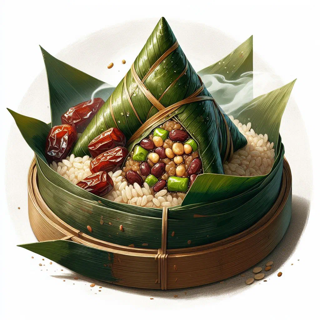 Steamed zongzi wrapped in bamboo leaves, one opened to show the sticky rice filling