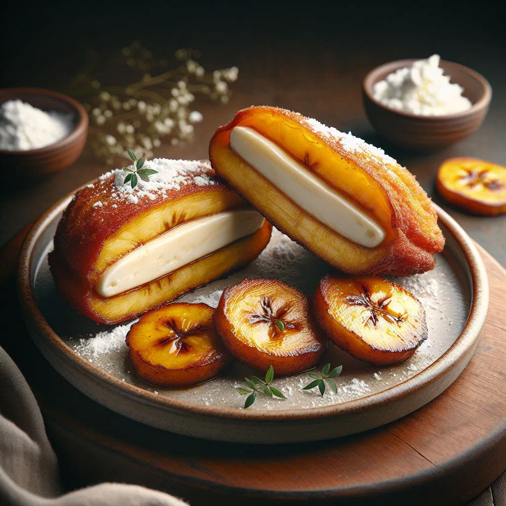 Golden fried aborrajados with a melting cheese filling on a plate
