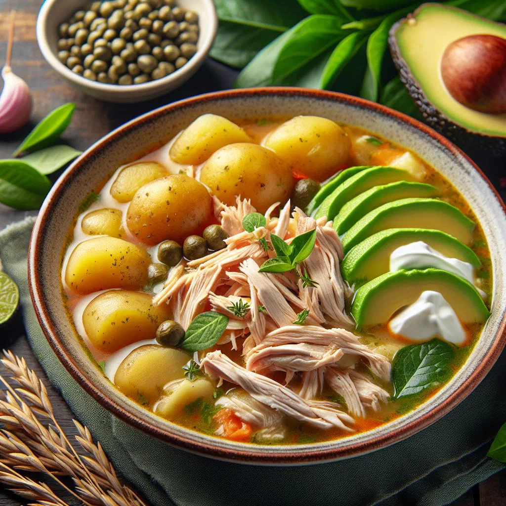 Bowl of Colombian ajiaco de gallina with shredded chicken, potatoes and avocado
