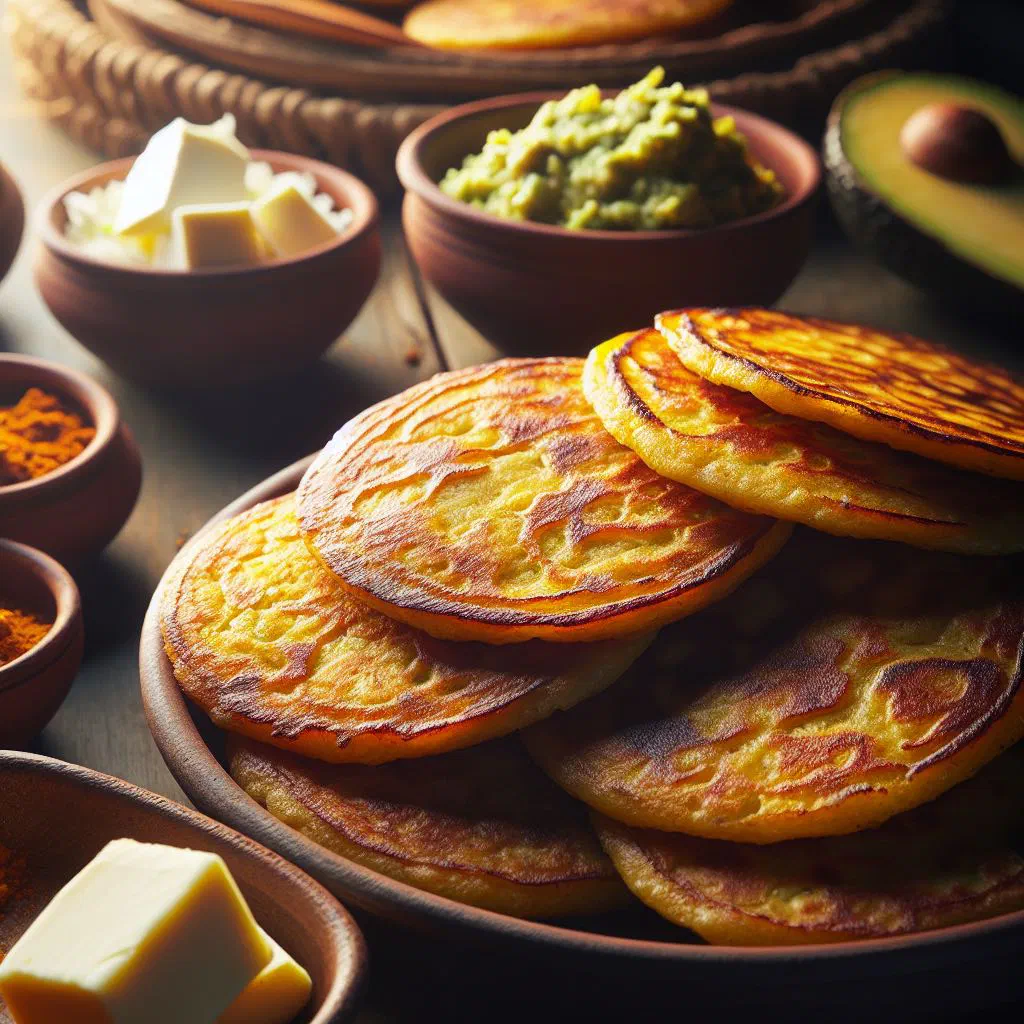 Golden arepas boyacenses filled with melted cheese on a plate