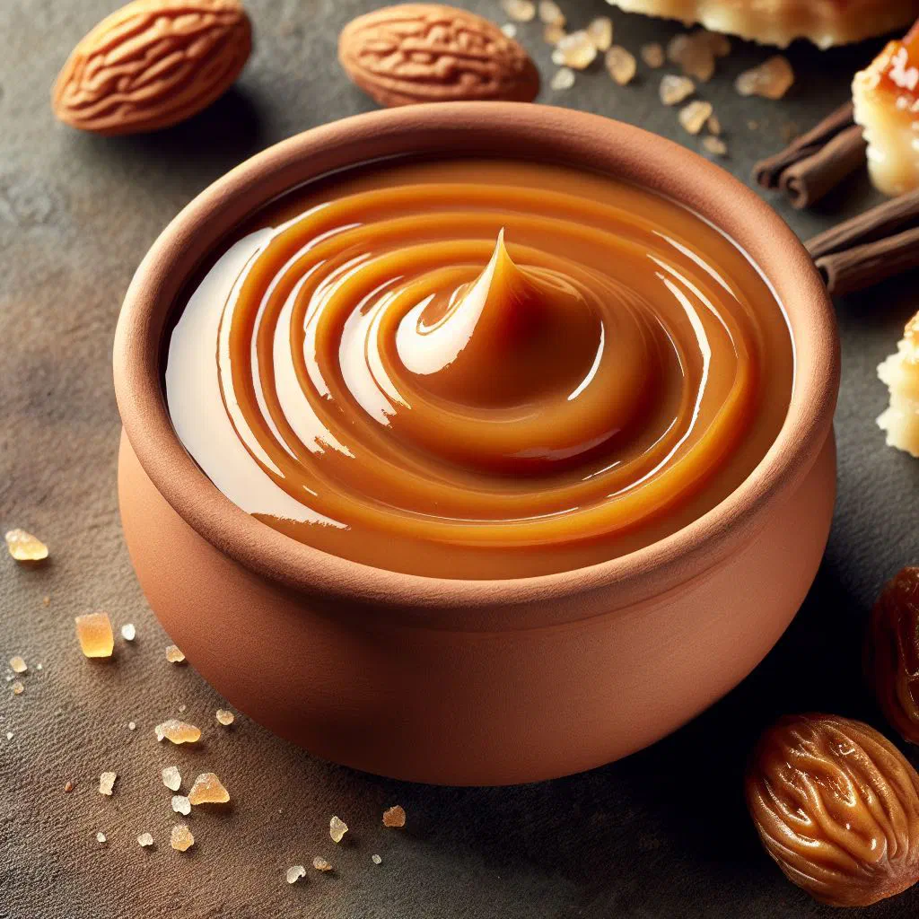 A jar of thick golden arequipe milk caramel with a spoon
