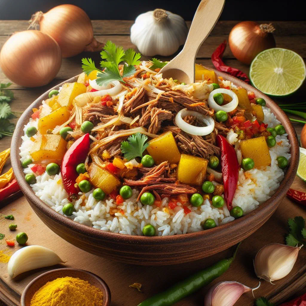 Creamy Colombian arroz atollado with chicken, chorizo and fresh coriander