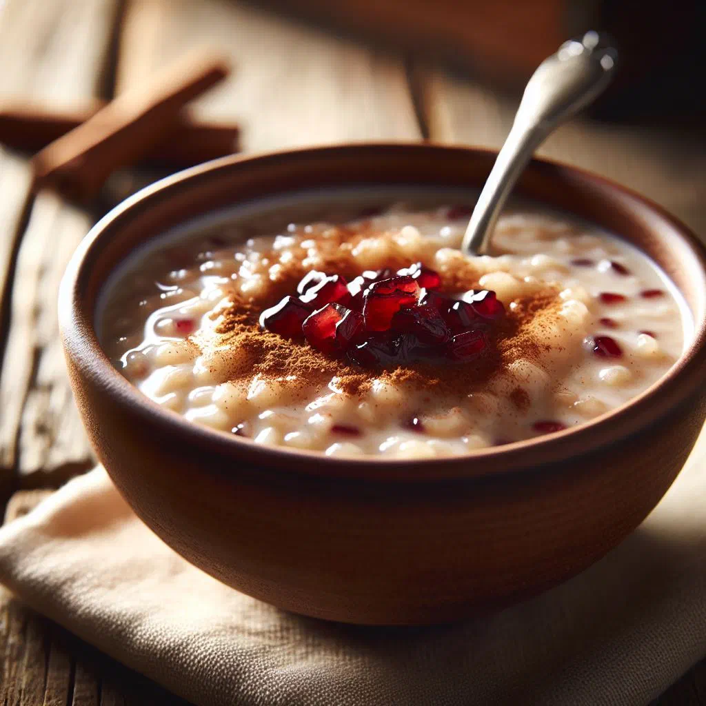 Creamy Colombian arroz con leche dusted with cinnamon in a bowl