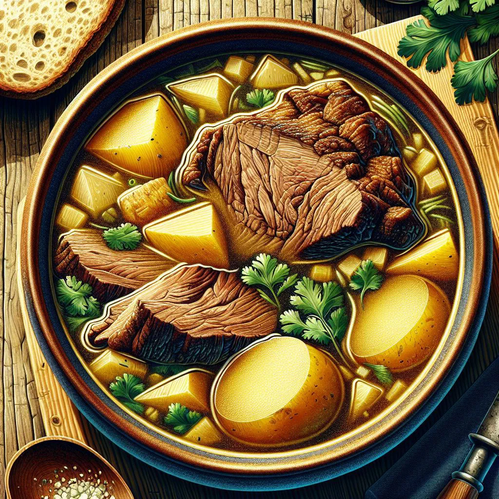 Steaming bowl of Colombian caldo de costilla with beef ribs, potato and fresh coriander