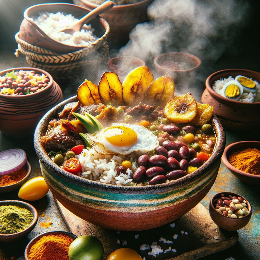 Calentado paisa with rice, black beans and fried meat garnished with parsley