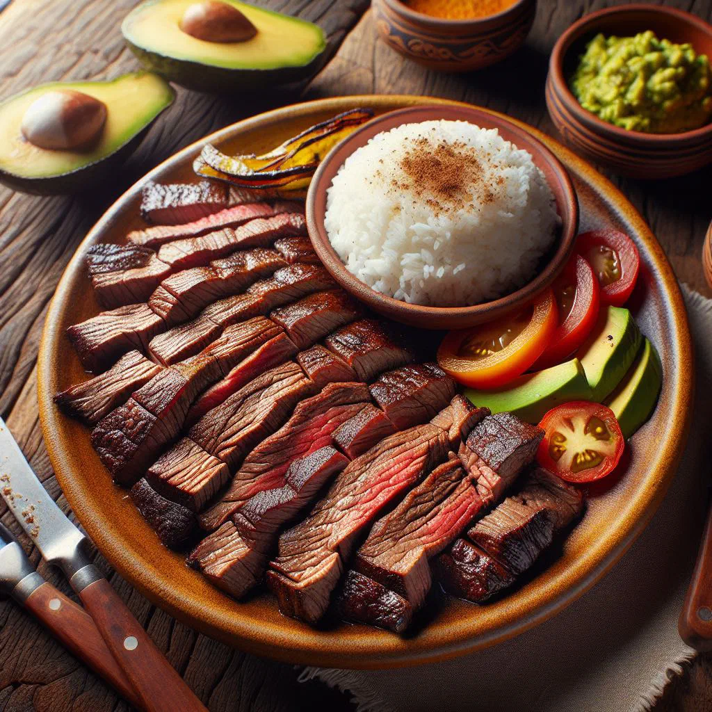 Strips of marinated, air-dried Colombian carne oreada served on a wooden board