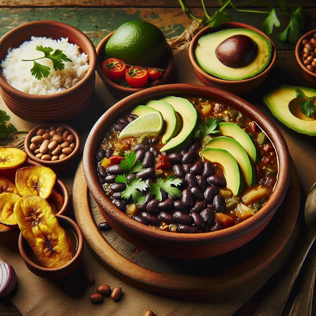 Hearty Colombian cazuela de fríjoles bean stew garnished with fresh herbs