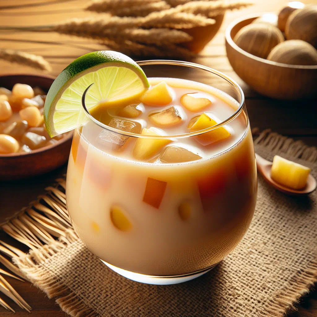 A glass of Champús Valluno with pineapple, rice and cinnamon