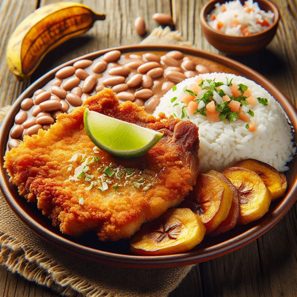 Crispy fried pork chop served with golden potatoes and fresh salad