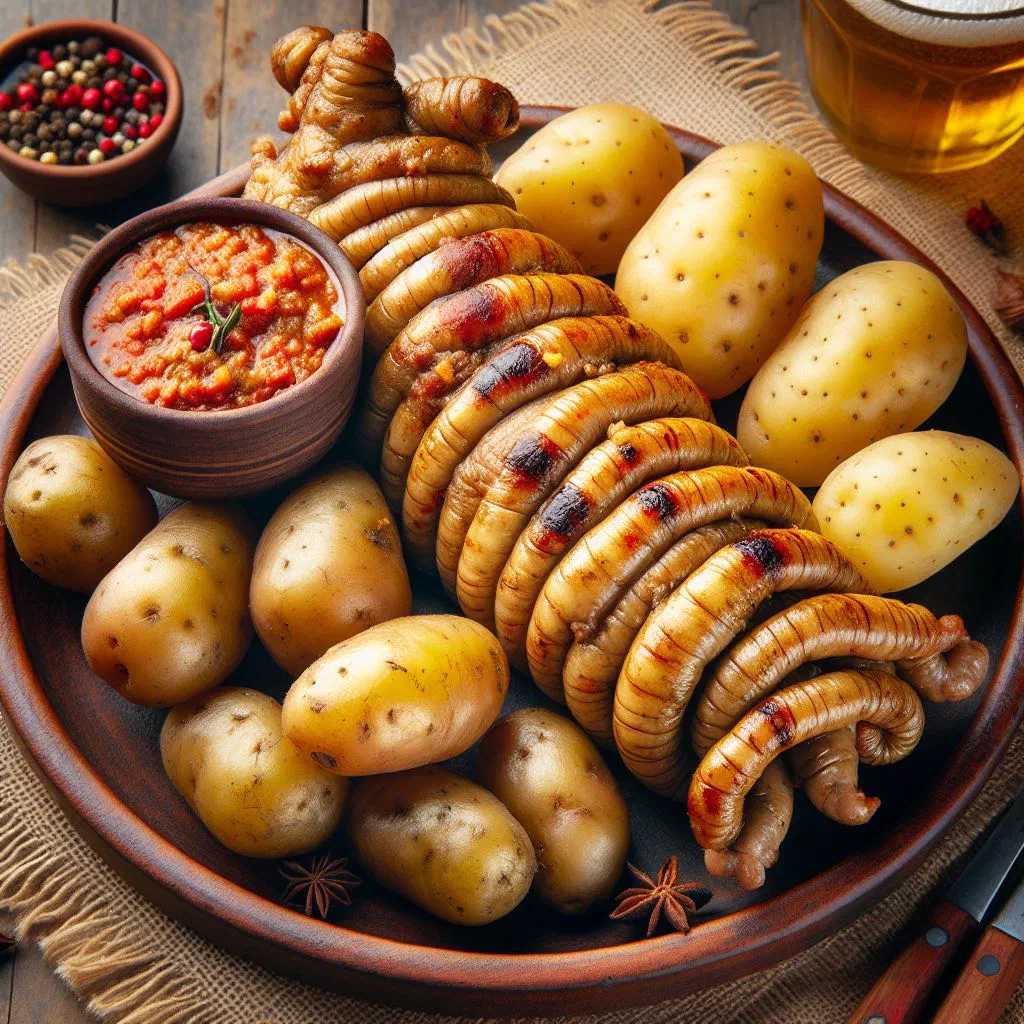 Grilled chunchullo served with arepas and aji sauce