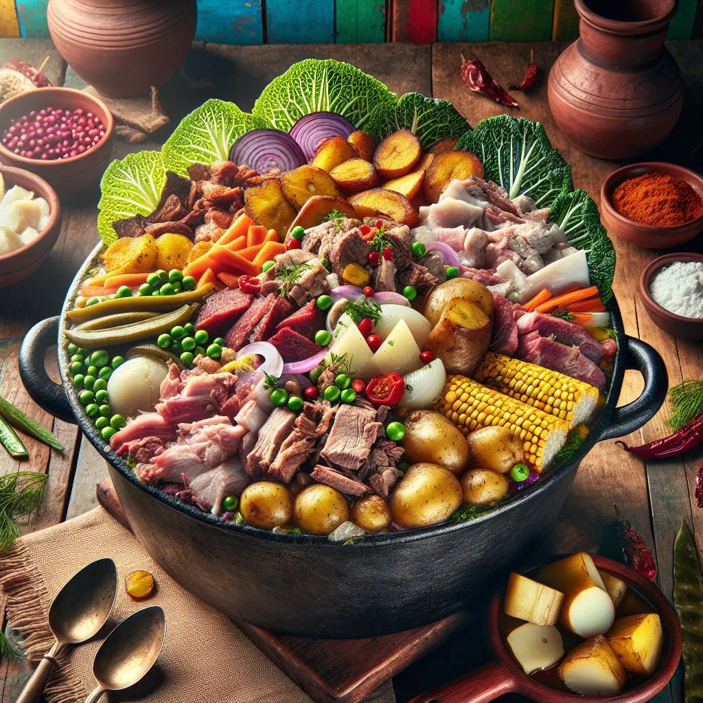 Hearty Cocido Boyacense stew with beef, pork and colourful vegetables in a bowl