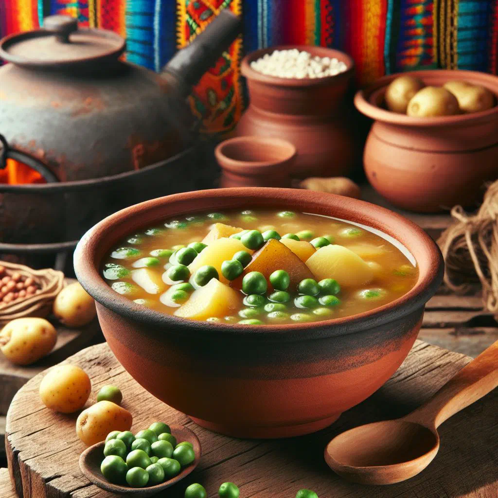 A steaming bowl of cuchuco de trigo wheat soup garnished with fresh herbs