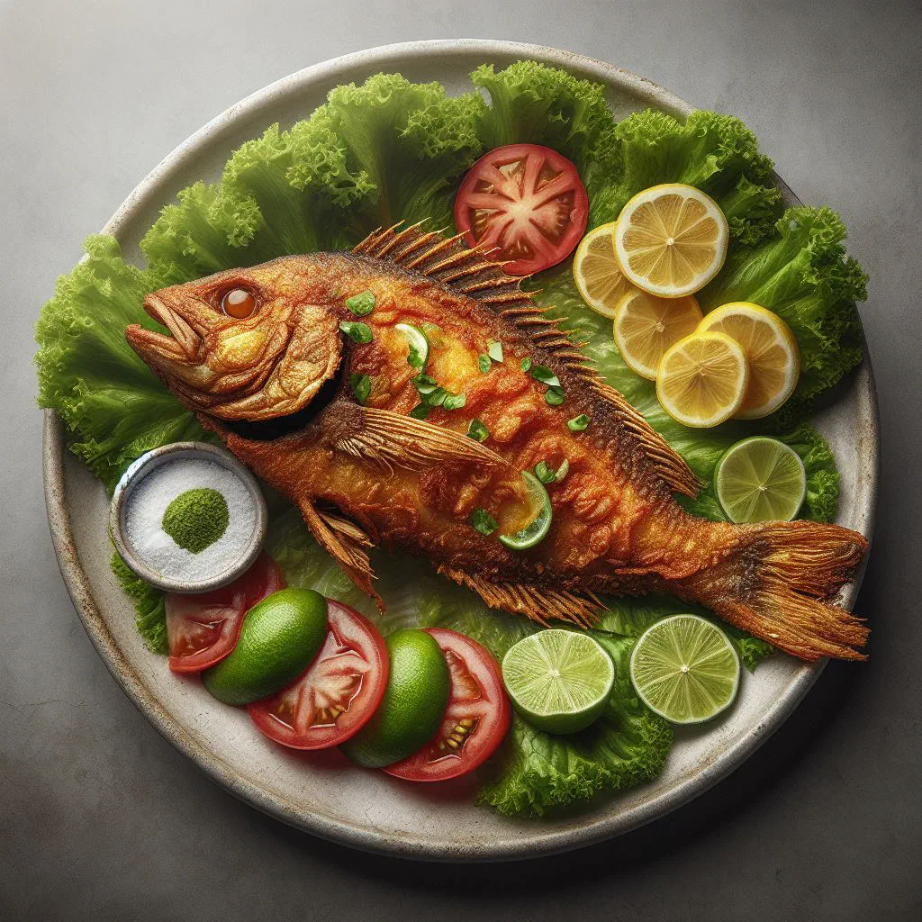 Whole fried mojarra served with lime wedges and fresh coriander