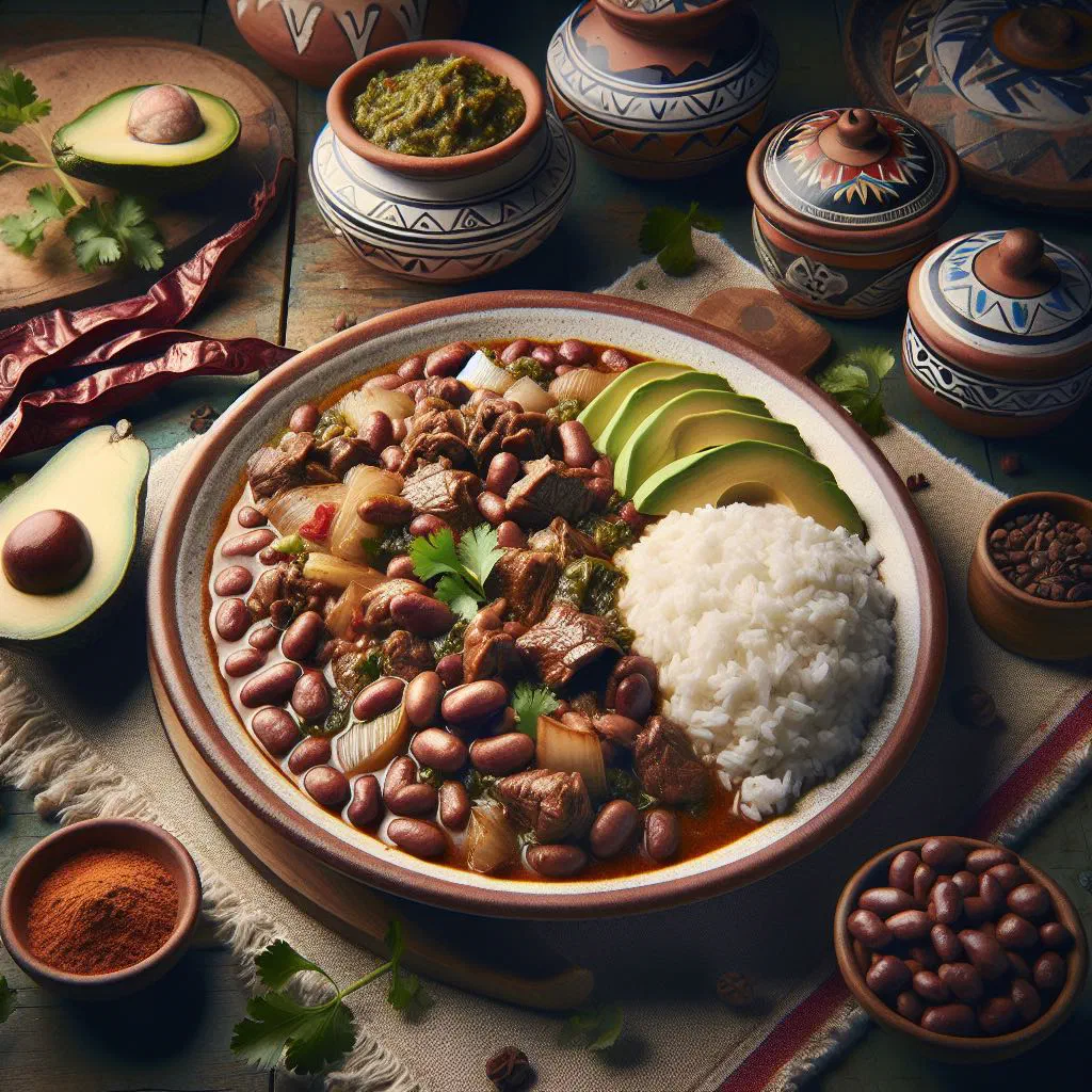 Bowl of Colombian frijoles con carne with beans, beef and fresh coriander