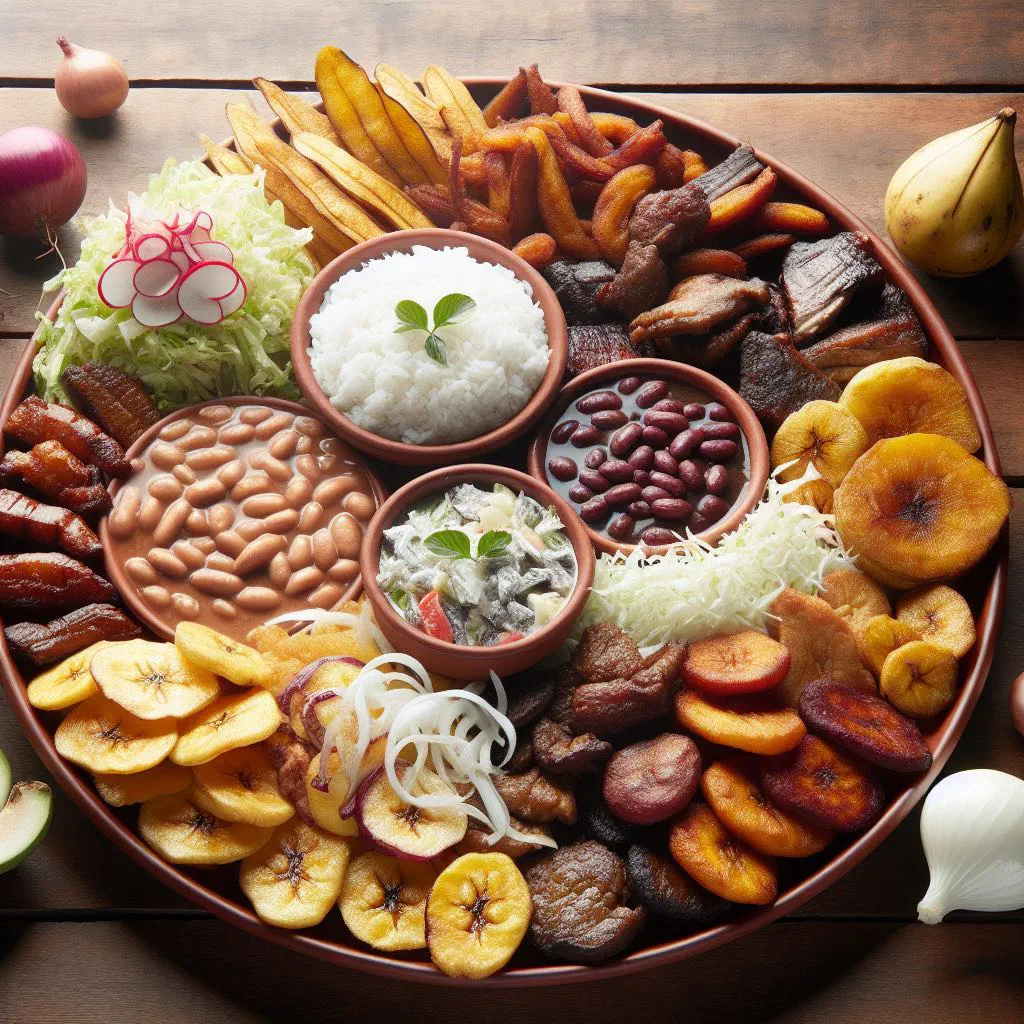 Colombian fritanga platter of crispy fried meats, sausages and colourful vegetables