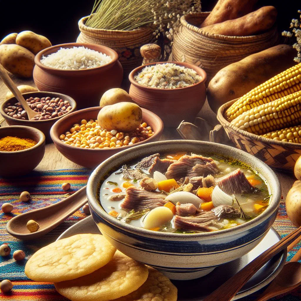Bowl of Colombian mute soup with meat, vegetables and fresh coriander