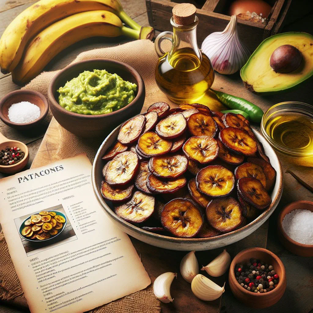Golden, twice-fried green plantain patacones served with a dip