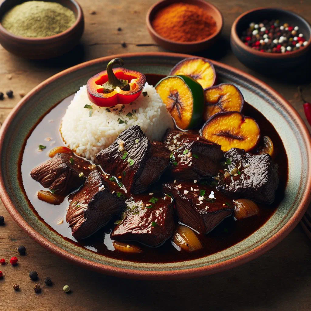 Sliced braised beef in a dark sauce served with rice and plantains