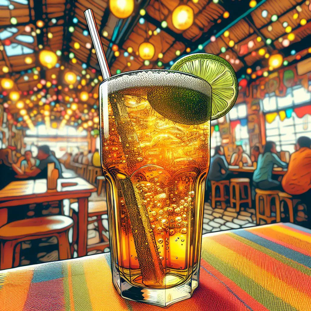 A glass of refajo Colombiano with beer, red soda, ice and lime
