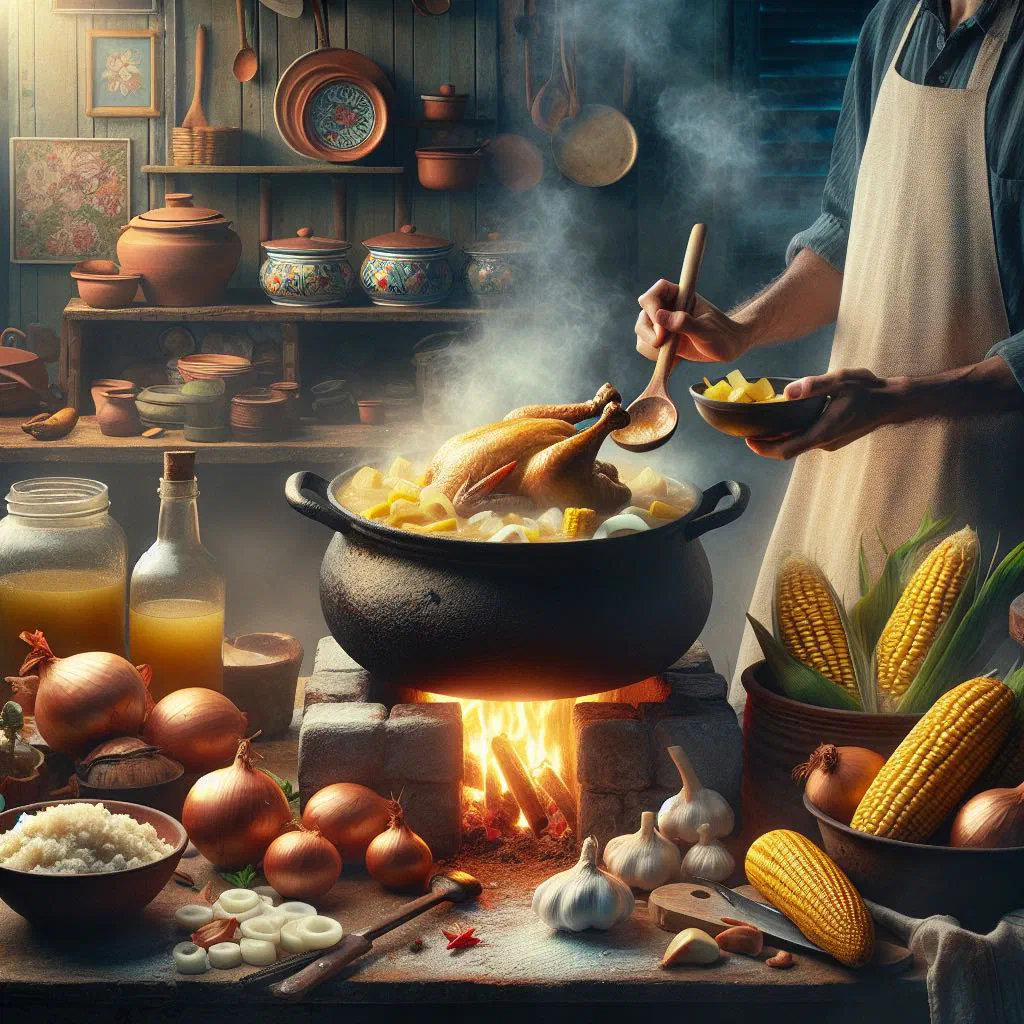 A hearty bowl of Colombian sancocho de gallina with chicken, corn and yuca