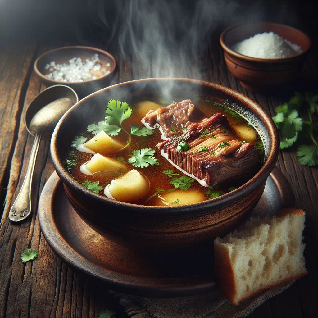 Bowl of Colombian sopa de costilla with beef ribs, potato and carrot, garnished with fresh coriander