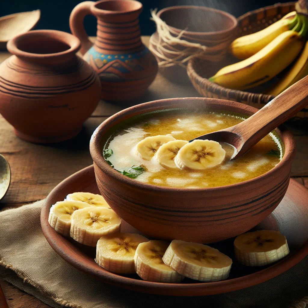 Bowl of creamy Colombian plantain soup garnished with fresh coriander
