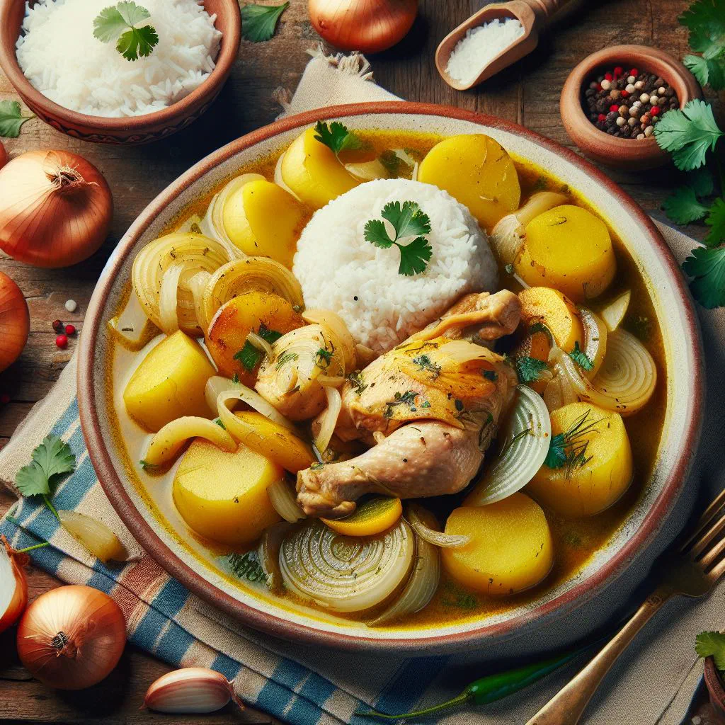 Colombian sudado de pollo, a chicken stew with tomatoes and peppers, served hot