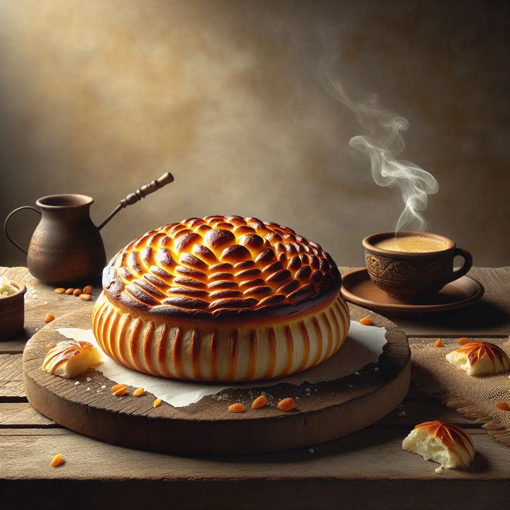 Golden Colombian torta de almojábana cheese cake sliced on a plate