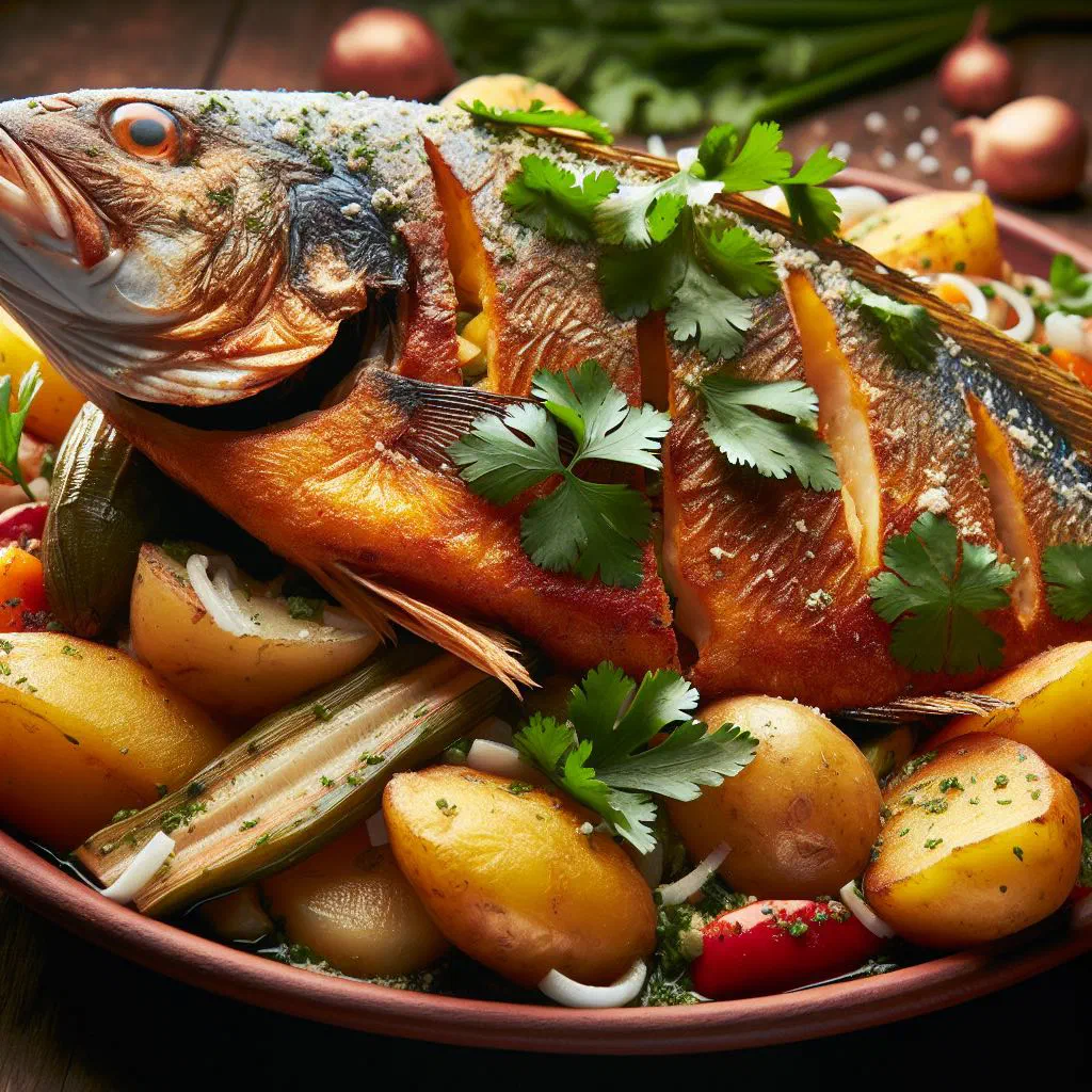 Colombian viudo de pescado with fish in an aromatic broth, garnished with fresh coriander and lime