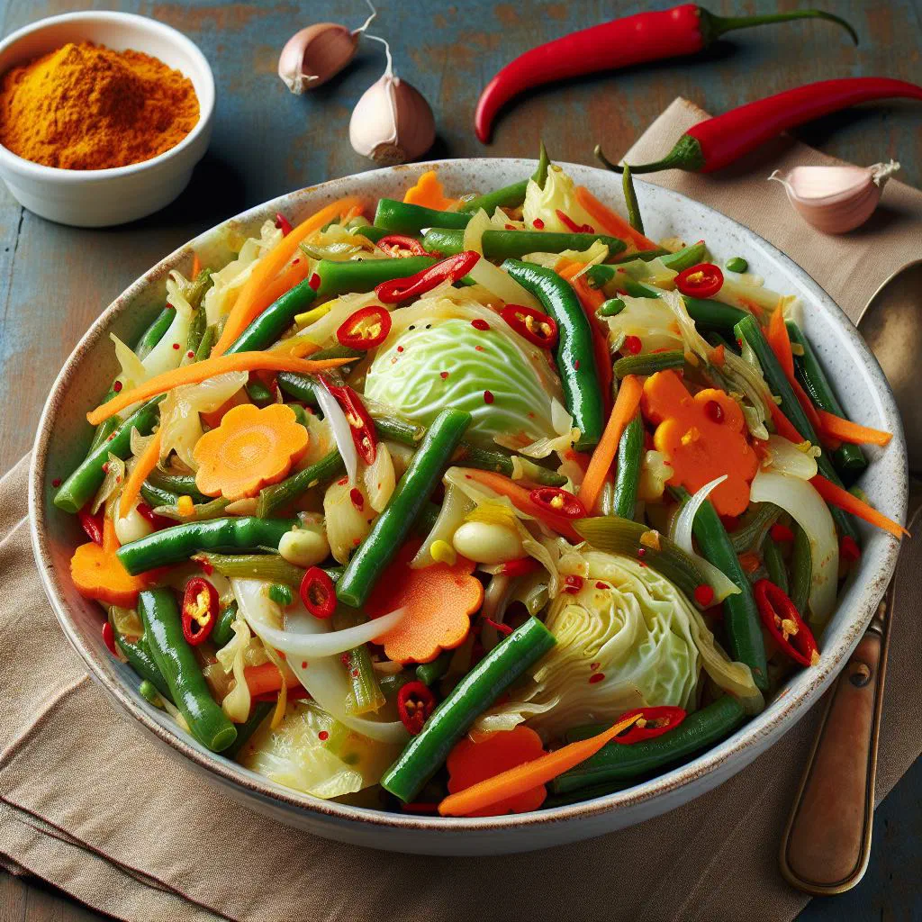 Colourful spiced vegetable medley of carrots, courgette and peppers garnished with fresh herbs