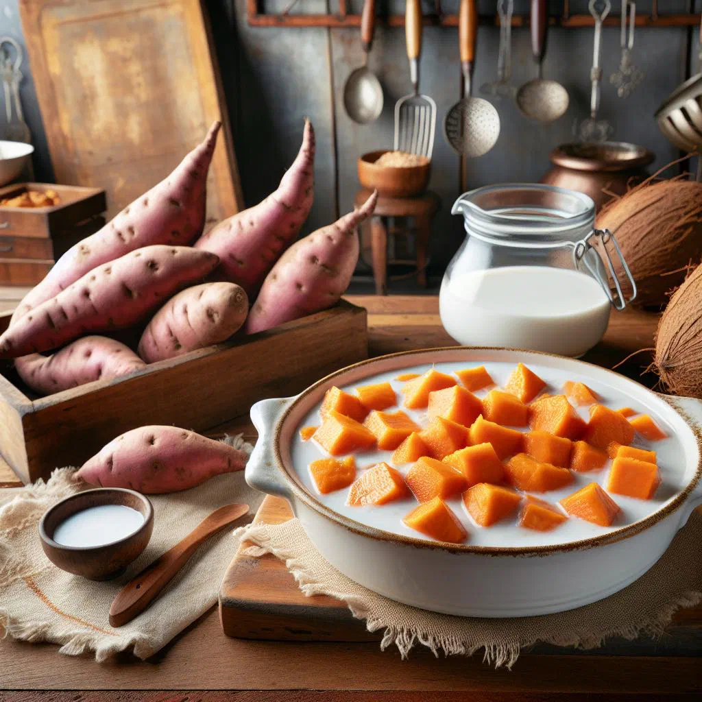 Sweet potato in coconut milk garnished with fresh mint