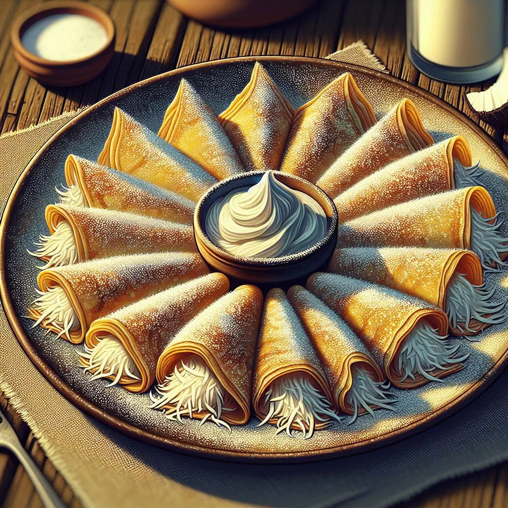 Golden coconut crêpes dusted with grated coconut on a plate