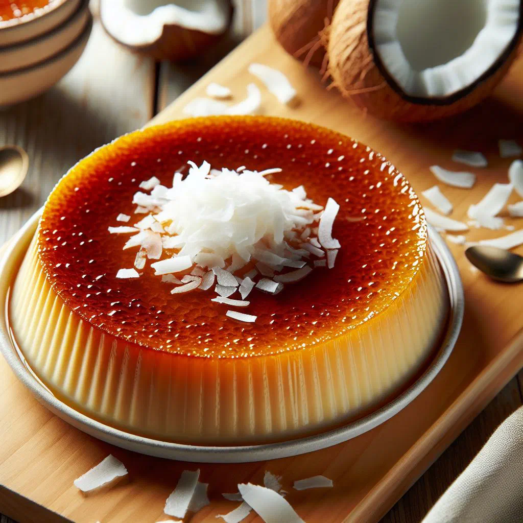 Creamy coconut flan topped with fresh coconut shavings