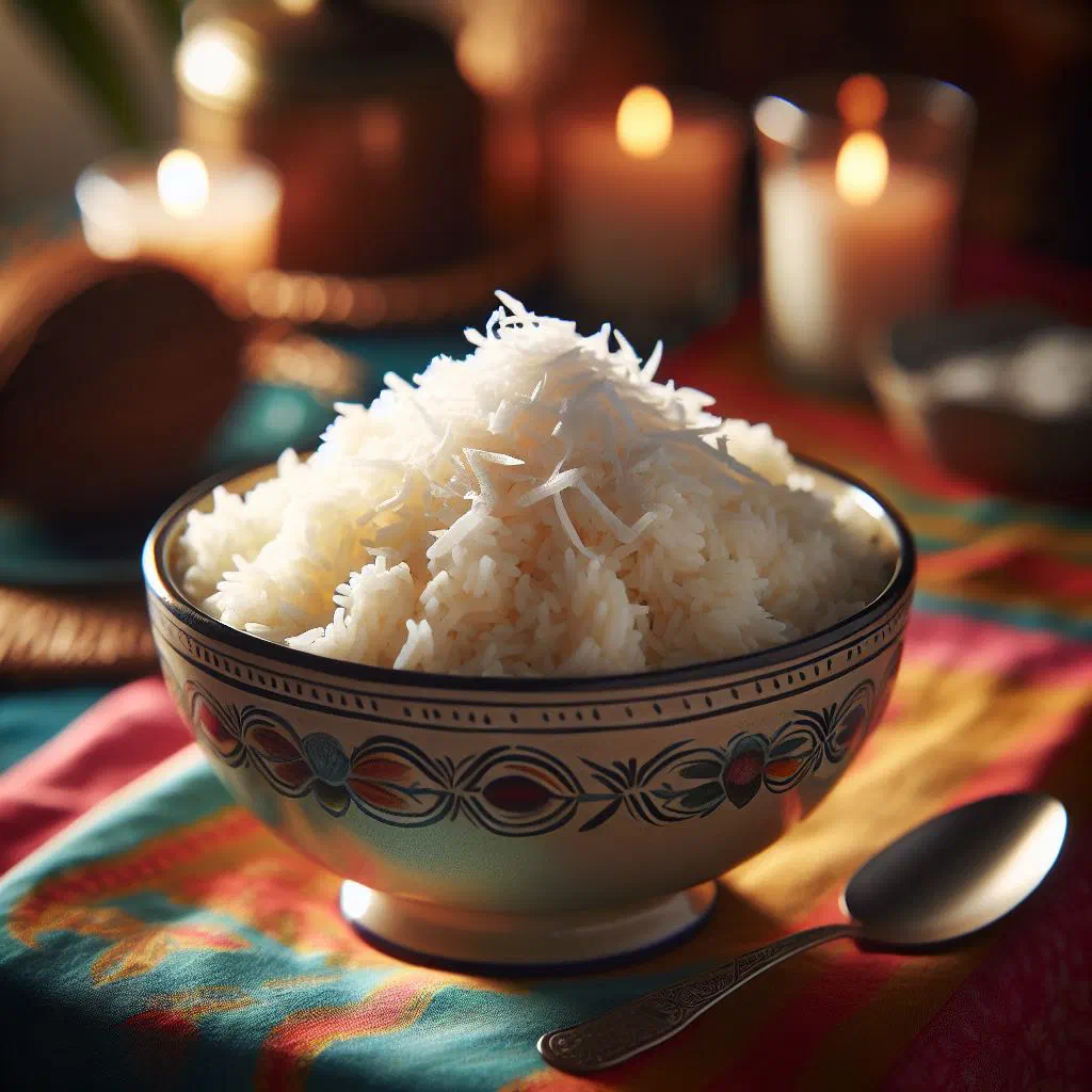 A bowl of creamy Comorian coconut rice garnished with fresh coriander