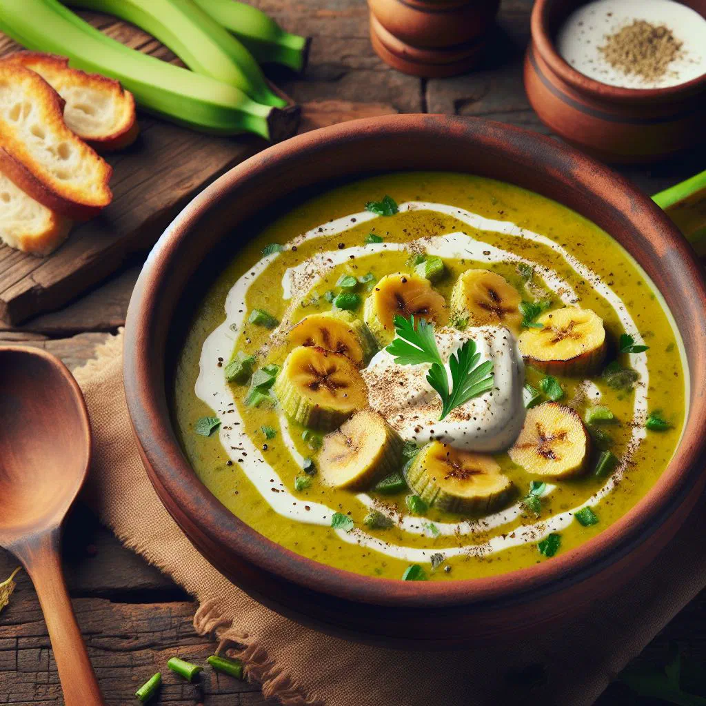 Creamy green banana soup garnished with fresh herbs in a bowl
