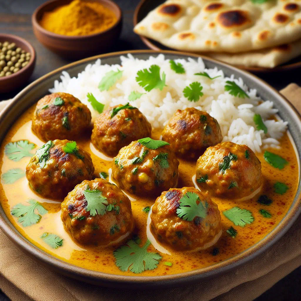 Spiced meatballs simmered in a creamy coconut curry sauce, garnished with fresh coriander