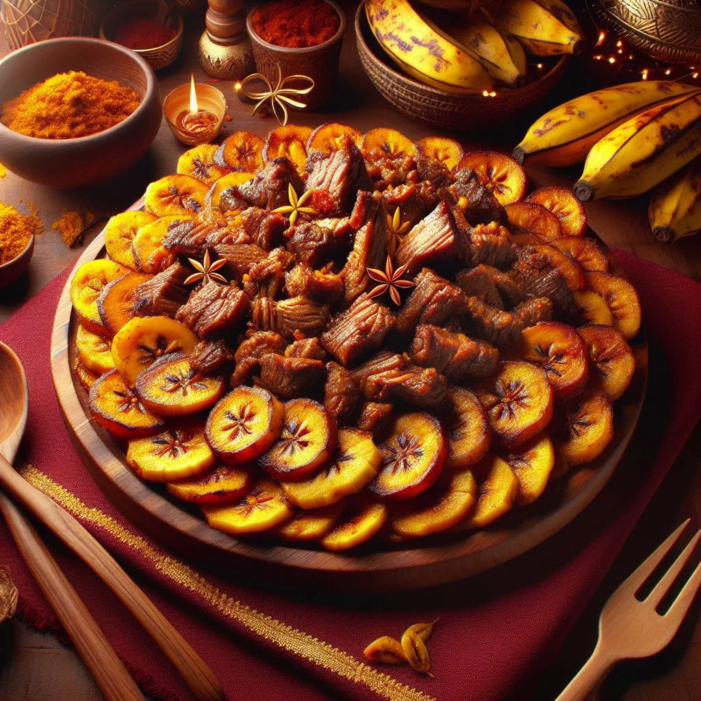 Ndizi na Nyama with tender beef and plantains in a spiced sauce, garnished with coriander