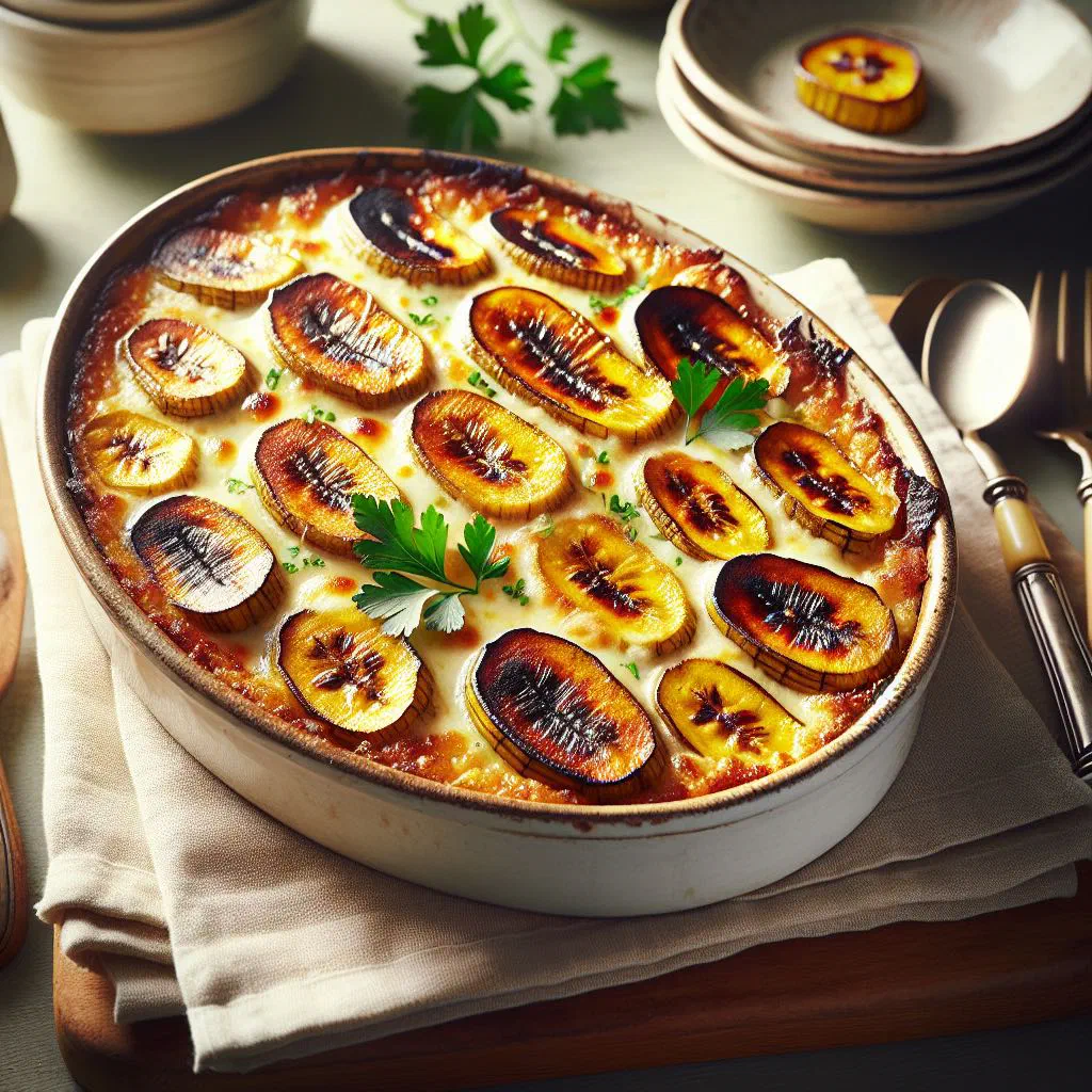 Golden baked plantain gratin in a dish topped with melted cheese