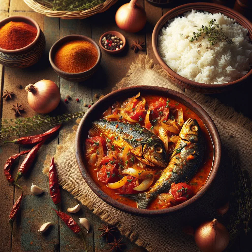 Fish fillets simmered in a spiced tomato sauce, garnished with fresh herbs