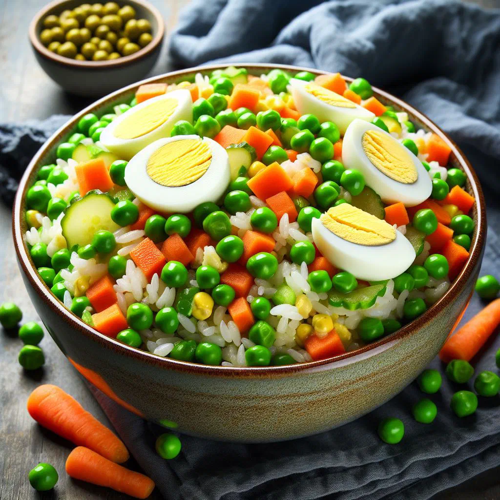Colourful rice salad with sweetcorn, tomatoes and peppers