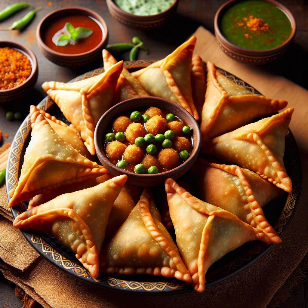 Golden crisp Comorian samosas served with fresh herbs and chutney